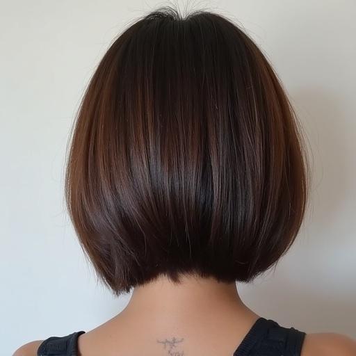 Short bob haircut with shiny hairstyle viewed from the back. Smooth texture showing a glossy finish. Dark brown hair with highlights.