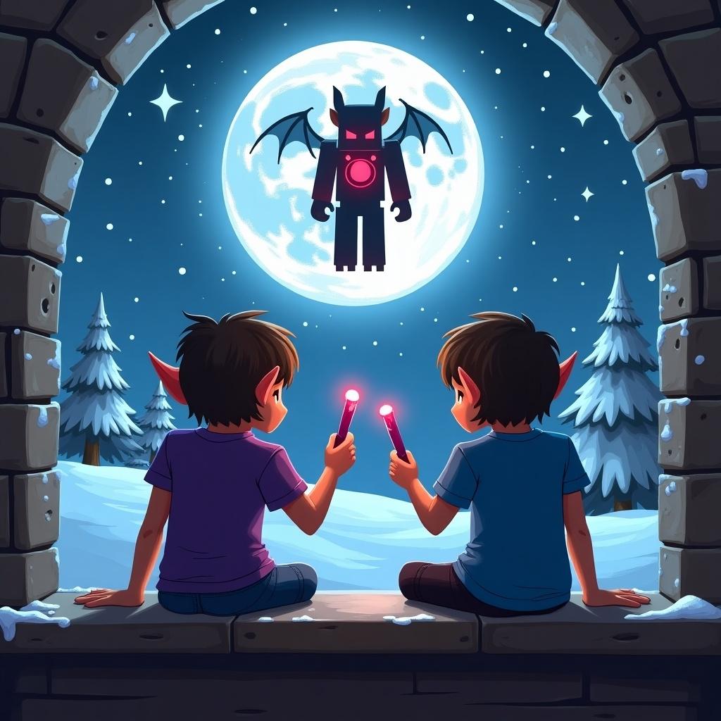 Two elves sit by a window overlooking a snowy landscape. They hold magical wands in their hands. One wears a purple t-shirt and the other a blue t-shirt. A glowing blood golem from Minecraft appears in the moonlit sky.