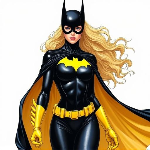 Illustration features Batgirl character in Frank Miller style. Blonde hair flows dynamically. Costume is black and yellow. Character stands confidently with cape. Art evokes superhero themes.