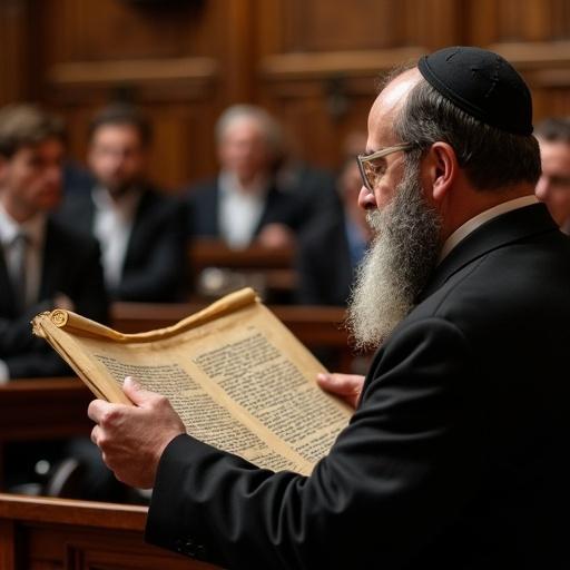 A Jewish Rabbi is reading from an ancient scroll. Hebrew text is clearly visible. The setting is elegant, located inside a synagogue with rich architectural details.