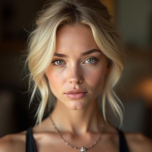 Very beautiful young blonde woman. She has a round face and a haughty air.