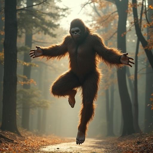 Bigfoot ballerina leaps gracefully in the air with legs spread wide while surrounded by a misty forest with autumn colors.