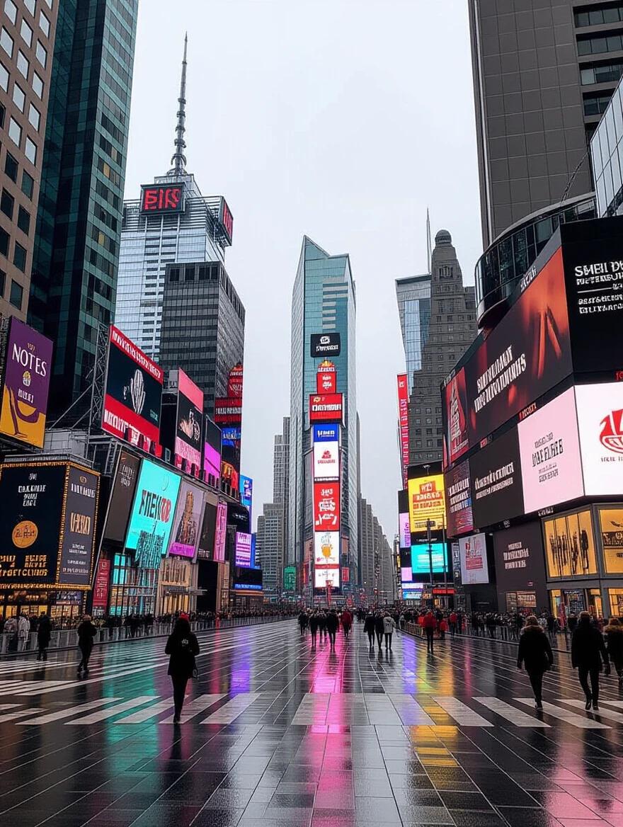 Empty Times Square in New York City with no tourists under an overcast sky. Cinematic style atmosphere with reflections on the wet pavement.
