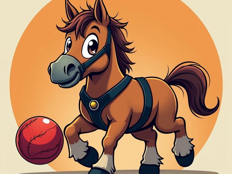 A cartoon pony playing kickball. Pony has a sassy expression and large eyes. Background is d5446d. Bold vector art style. Focus on clean lines and bright colors. The ball is red.
