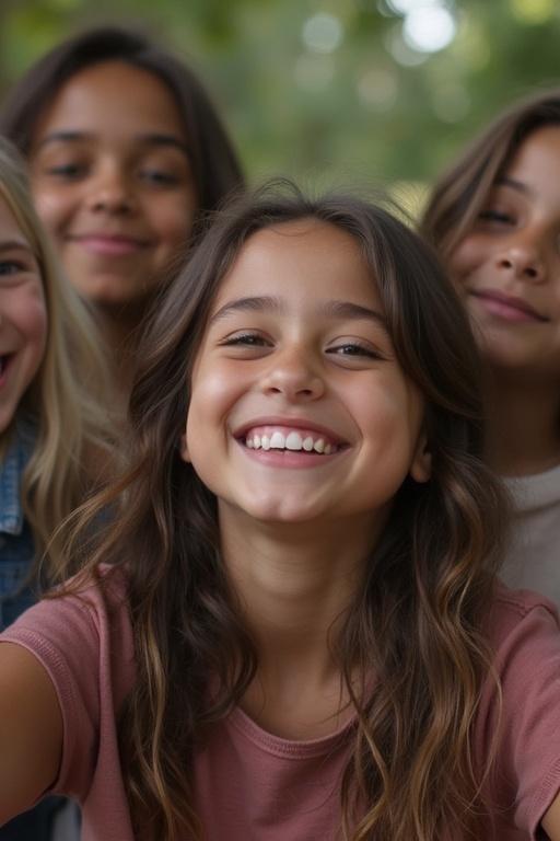 A joyful girl smiles at the camera while surrounded by her friends. The setting is outdoors with greenery in the background. Each girl has a cheerful expression, conveying a playful atmosphere.