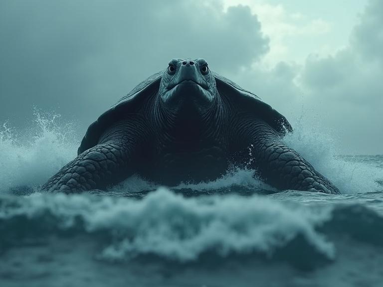 A gigantic turtle rising from the ocean, viewed from a low angle. The turtle has a dark greyish blue shell with a thick texture and two tusk-like teeth. Huge waves crash around it, with water mist and foam in the air amid a cloudy, stormy atmosphere. Winds blow as rain falls, creating a dramatic scene filled with realism and depth.