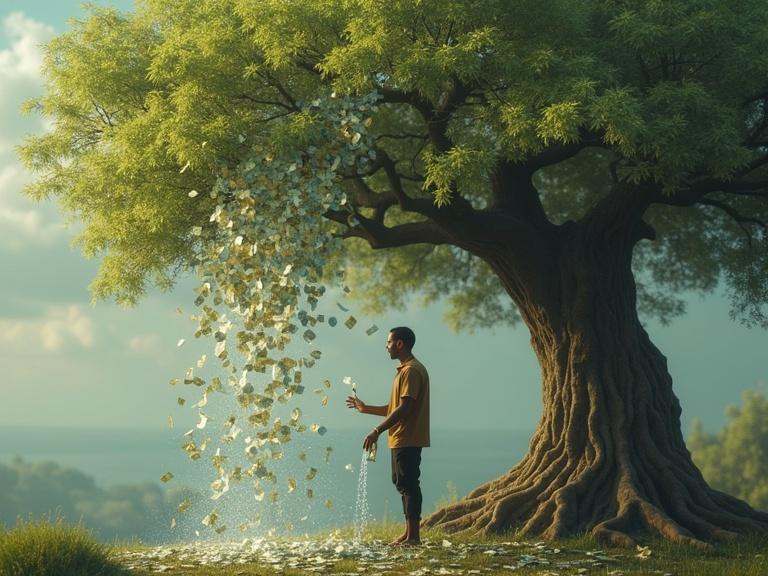A man is watering a large tree. The tree has leaves made of dollar bills and various currencies. The setting is outdoors with a serene background.