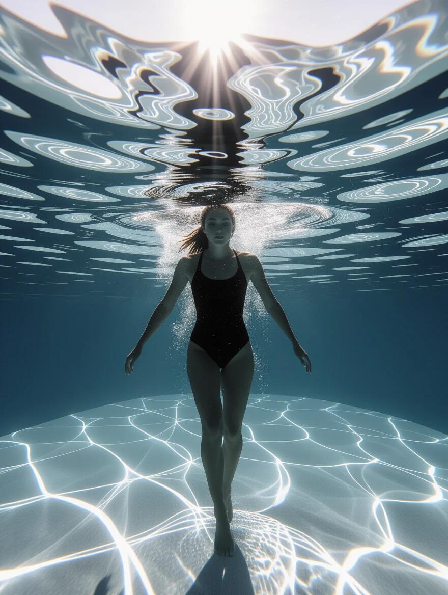 A black-and-white underwater photograph captures a swimmer woman gliding beneath the water surface wearing a swimsuit with bent legs and hands above water. Bright sunlight from above creates distinct beams and caustic light patterns. The water's surface ripples create intricate refraction patterns. Subtle darkening vignette frames edges of composition. Dramatic lighting and sharp detail.