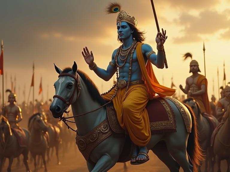 Lord Krishna on a magnificent chariot in the Kurukshetra battlefield. Krishna has divine blue skin, four arms, and wears yellow silk. Arjuna looks dejected, holding his Gandiva bow. Vast armies are in the background under a dark sky. Hyper-realistic scene with dramatic lighting.