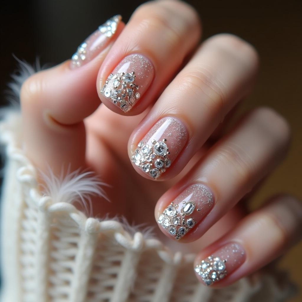 Close-up image of a hand with boujee nails. Nail design features a sparkling finish with rhinestones at the tips. Aesthetically pleasing appearance with a soft background. Hand partially covered with a cozy sweater.