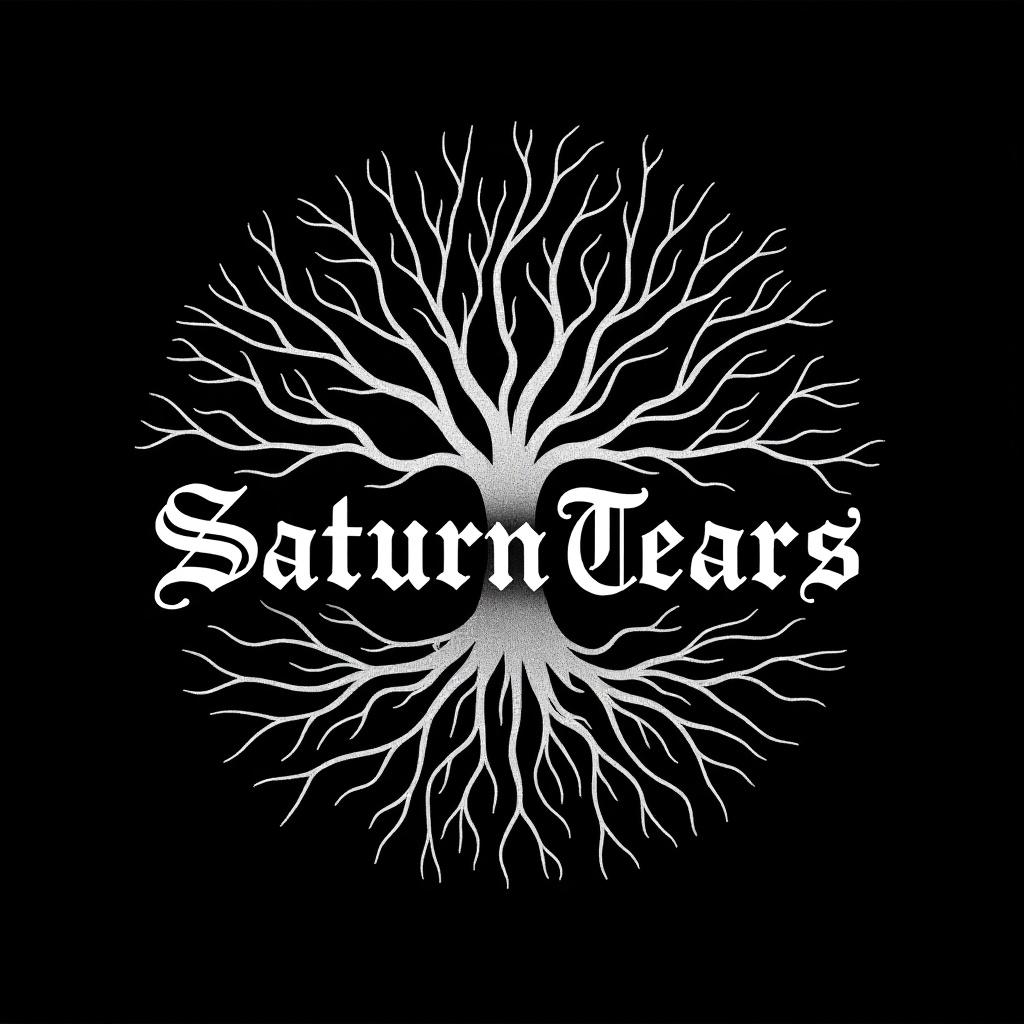 Image displays the word Saturn Tears in gothic font. Set on a black background. Surrounding text is intricate white tree-like pattern. Pattern resembles neural networks or tree roots.