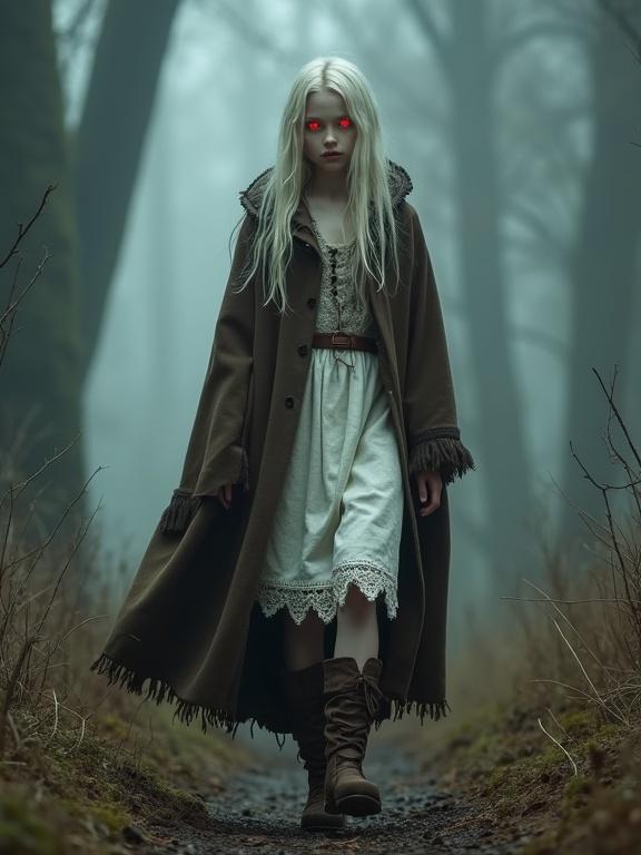 Photorealistic image of a young teen girl in a foggy forest. She has long pale blonde hair and pale skin with glowing red eyes. Features vampire fangs, wears a knee-length white and brown traveling dress, brown boots, and a heavy cloak. The setting is dark and atmospheric with depth of field.