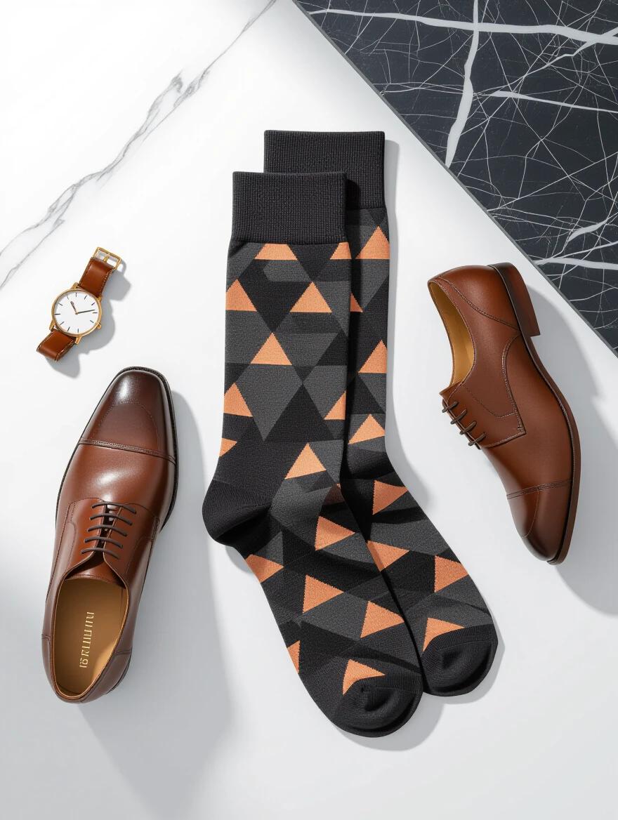 Elegant mockup of premium men's dress socks. Socks have geometric patterns in gray with rose gold shapes. Displayed with leather dress shoes and watch. Shot on dark marble surface. Light creates depth.