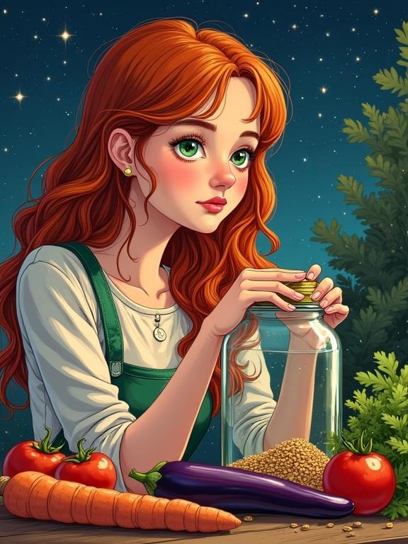A whimsical sketched illustration of a woman with ginger hair examining a clear mason jar. Garden produce such as tomatoes, aubergine, carrots are nearby. Detailed features and joyful expression. Set under a starry night sky with warm lighting.
