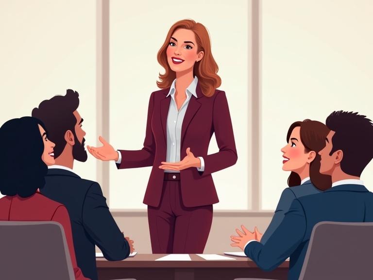 Illustration of a confident woman in business attire delivering a speech. Audience is diverse in ethnicity, age and gender seated at a table. Background transparent. Rich maroons and navy blues used in clothing and accents.
