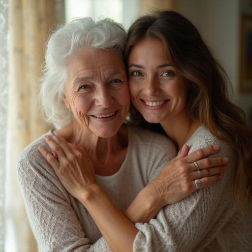 Intimate portrait of a daughter hugging her mother with smiles. Sunlight filters through lace curtains in a home setting. Texture and detail highlight their connection.