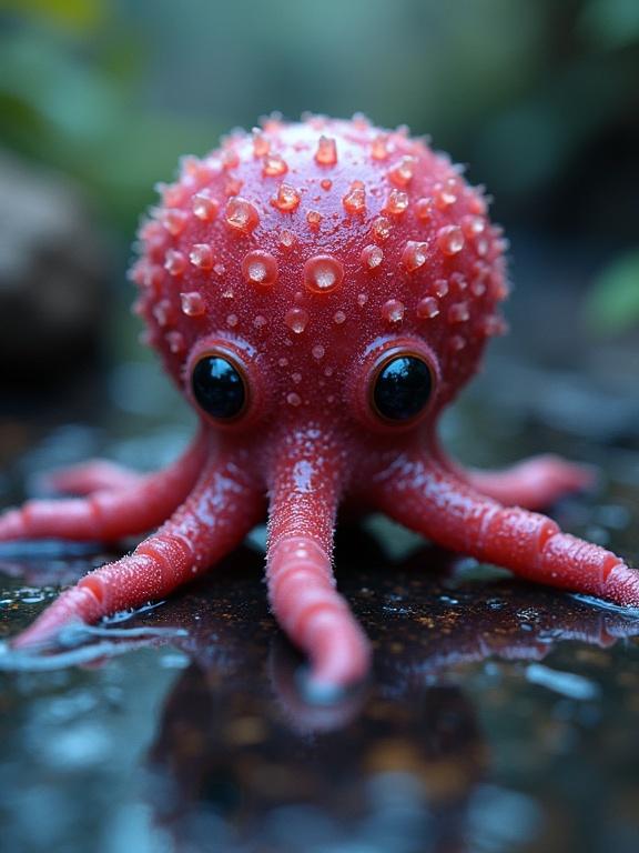 A clear image showcasing a red octopus facing the camera. Water droplets adorn its head. A graphical overlay indicating its three hearts. High detail in textures and colors.