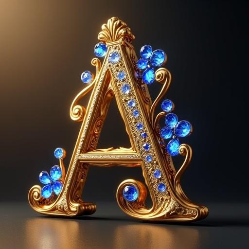 Luxurious 3D render letter A APSARA Home emblem polished gold opulent intricate swirling filigree sparkling royal blue jewels vibrant cloverleaves soft champagne gold background