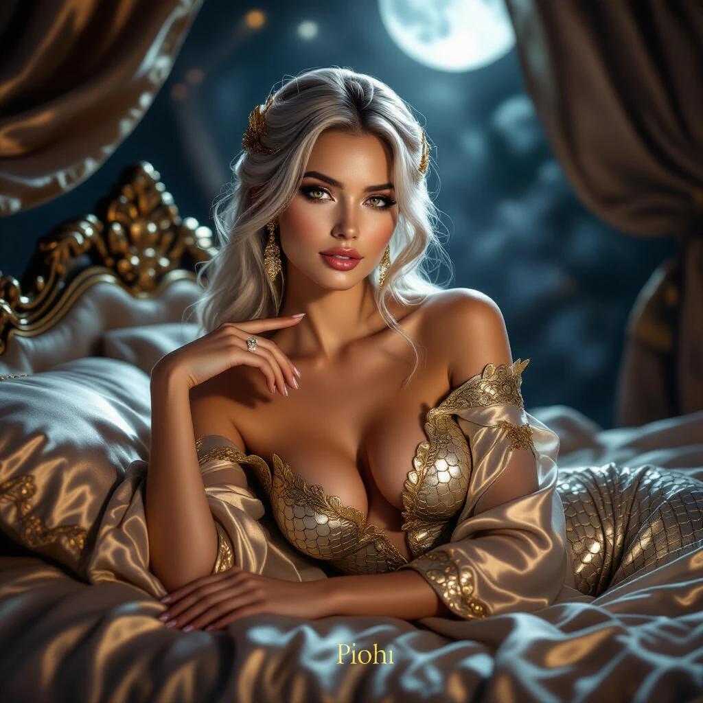 Ultra-realistic portrait of a beautiful and mysterious woman with dragon ancestry. She reclines gracefully on an ornate bed draped in silk and gold. The chamber is illuminated by moonlight. Her golden-brown eyes have an inviting allure. Long silver-white hair cascades over her shoulders. She wears a luxurious dragon-themed gown with scale-like textures and translucent panels. One hand touches her collarbone while the other rests beside her. Soft lighting emphasizes her beauty and elegance.