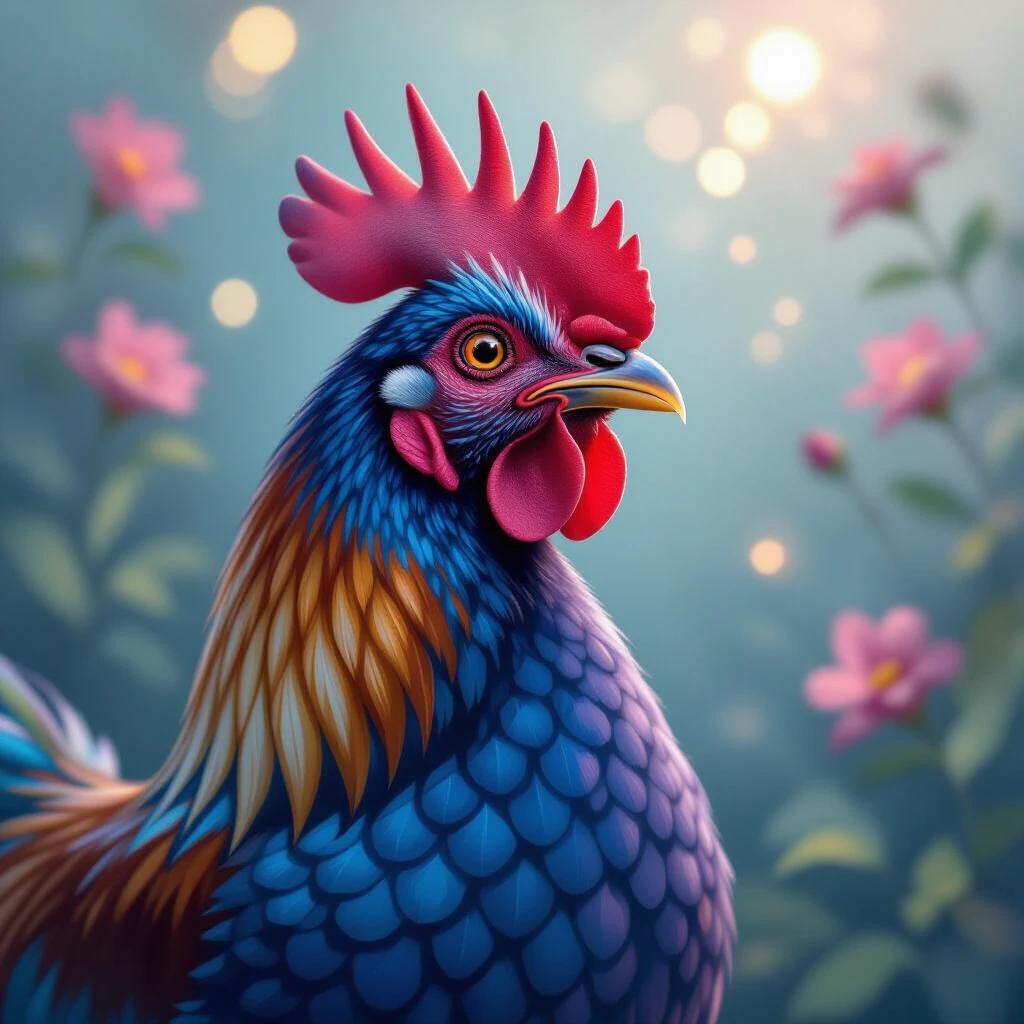 A highly artistic digital painting of a colorful rooster. The feathers are predominantly blue and pink with a golden crown. The background is soft and blurred with warm bokeh effects, creating a mysterious atmosphere. The style is whimsical and surreal, conveying a fairy-tale feel.