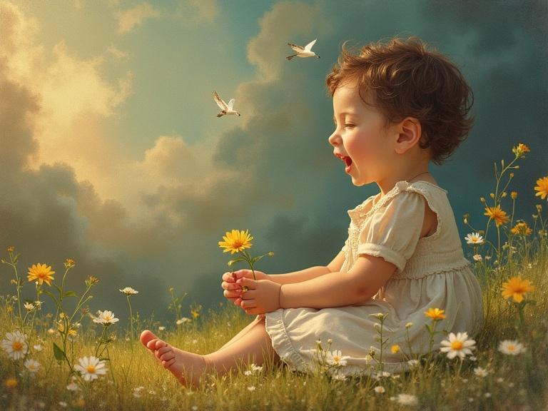 A joyful child sits in a flower-filled field. The child holds a flower and smiles. Soft, warm lighting enhances the serene atmosphere. Birds fly in the sky. A dreamy background features clouds and gentle sunlight.