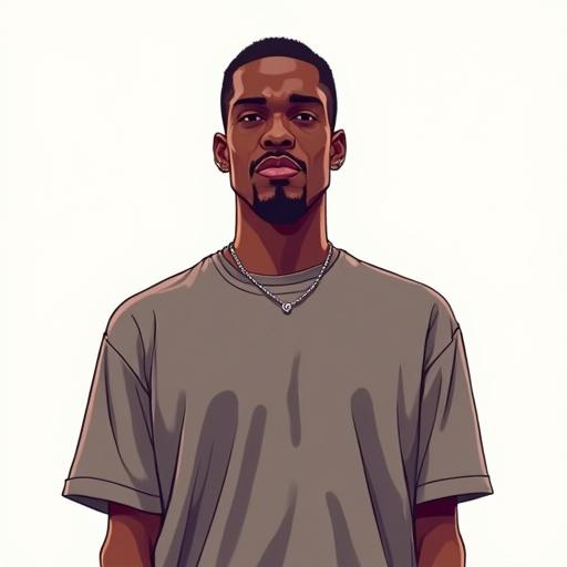 Digital illustration of a black male rapper. The figure has no accessories. He is directly facing the camera. The illustration has bright lighting with no shadows. The color palette is solid. The style is inspired by Grand Theft Auto art.