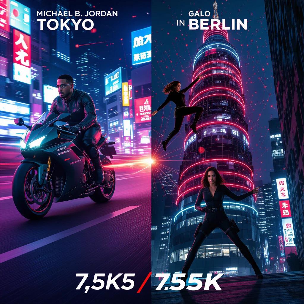 Movie poster for REDLINE PROTOCOL featuring Michael B. Jordan in Tokyo riding a fast motorcycle and Gal Gadot in Berlin scaling a neon-lit tower. The image portrays a covert ops unit racing across continents to stop a global hack. It includes a split-screen layout with a global map and blinking red nodes, symbolizing threats and urgency. The composition reflects tech-globe chase dynamics, combining elements of espionage and urban chaos.