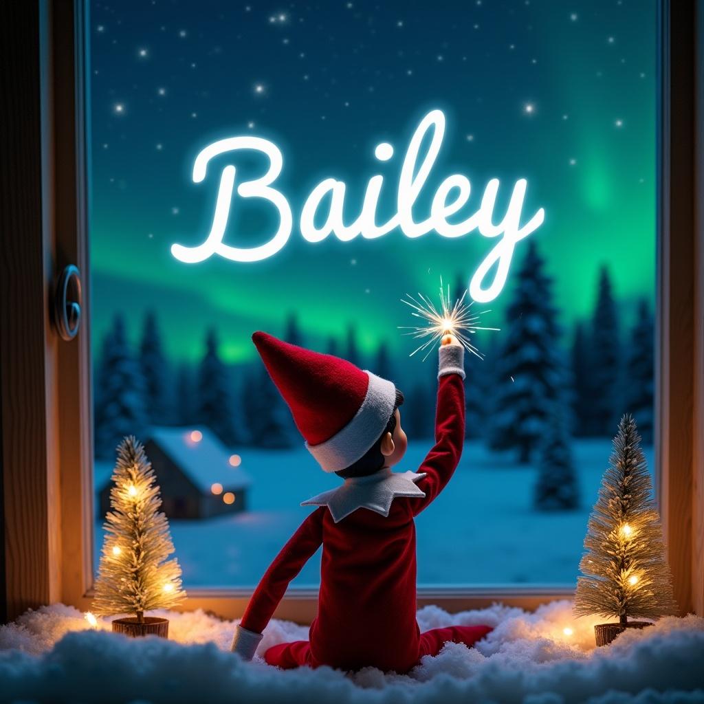 An enchanting Christmas scene features an elf on the shelf dressed in red and white. The elf has his back to the viewer, using a magic wand to write the name Bailey in glowing script in the dark sky. Northern lights create a magical ambiance in the background. Christmas trees with lights enhance the festive atmosphere in the foreground.