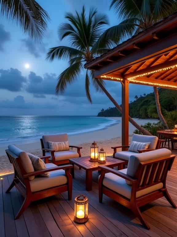 Tropical beachfront deck lounge during twilight with comfortable chairs and coffee table. View of ocean and palm trees. Soft lighting from lanterns and string lights creates a cozy atmosphere.