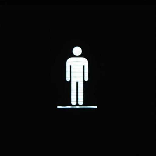 Analog horror warning screen featuring black background. White stick figure icon with TV glitch effects and horizontal scanlines. The style is eerie and high-resolution, reminiscent of retro CRT monitors. Design is minimal and surreal, creating an unsettling atmosphere.