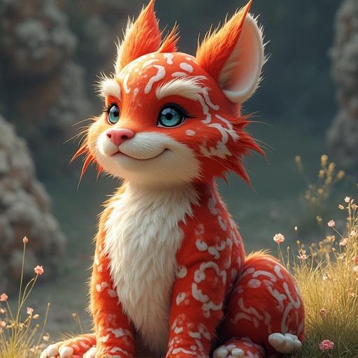 A vibrant fox-like creature is sitting peacefully in a serene natural setting. The background features soft tones and floral elements. The creature's fur is predominantly orange with white accents. It gives an impression of creativity and innovation.
