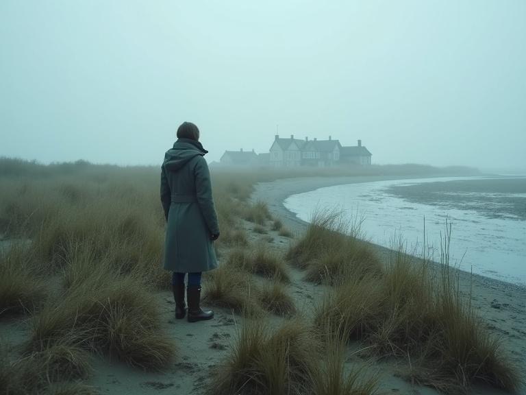 Foggy North Sea coastal marsh at low tide. Windblown grasses cover a Hallig island. A female investigator stands on a sandbank in a raincoat and boots. Houses cluster in the distance. Soft dawn light envelops the scene. Moody and atmospheric feel.