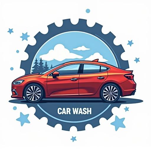 Logo design featuring a car wash concept. Elements include a stylish red car, background with clouds and trees, circular gear symbol, and the words 'Car Wash.'