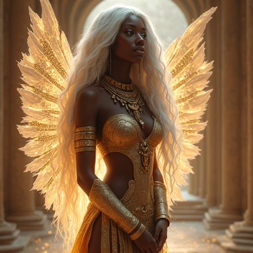Black female warrior goddess stands gracefully with back slightly turned. Long silver-white hair flows as fingers run through it. One hand on hip emphasizes elegant curves. Shoulders back reveal graceful neckline. Lips parted softly, eyes half-closed with a mysterious gaze. Wears a form-fitting gown with golden armor accents and glowing runes. Ethereal wings made of shimmering light particles, clearly visible with soft backlighting. Background features ancient temple ruins with glowing runes and floating glyphs. Soft ambient lighting highlights skin and fabrics. Photorealistic and deeply detailed imagery.