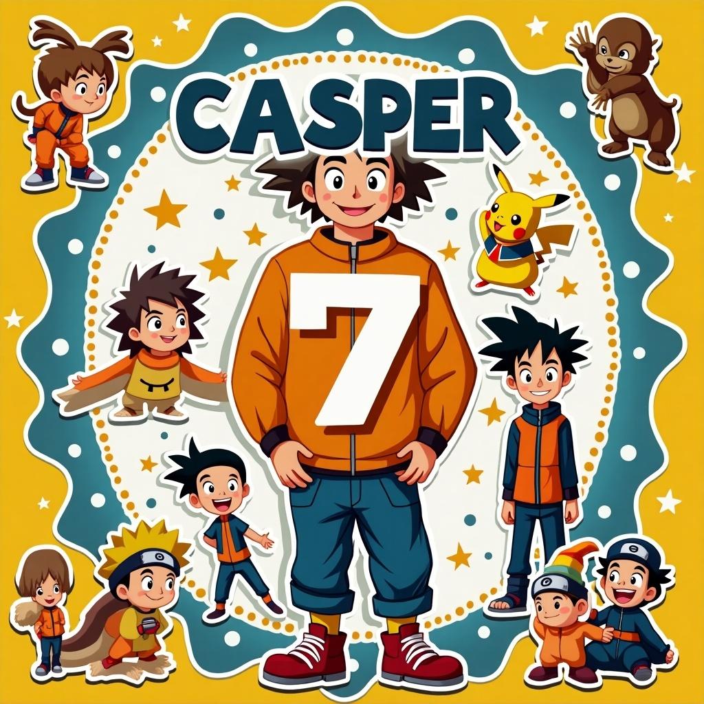 The image features a cartoon-style birthday card design for a boy named Casper who is turning 7 years old. The design incorporates elements from popular styles like Pokemon, Dragonball Z, and Naruto. Central to the image is a large number '7' along with the name 'Casper' in bold letters. Around Casper, there are playful illustrations of characters resembling those from anime, adding a fun and dynamic look to the invitation. The color scheme includes vibrant yellows, blues, and oranges, contributing to a festive vibe. The overall design is cheerful and appealing for children.