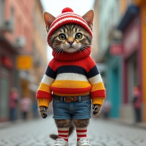 A stylish tabby kitten stands in a vibrant city street. Kitten wears a red and white knit beanie and a striped chunky sweater in bright colors. Denim shorts and matching long socks complete the look. Kitten's outfit is accessorized with white sneakers. The scene showcases playful city life. Bright photorealistic art.