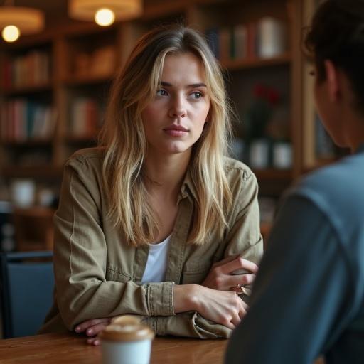 Ultra-realistic image of a blonde woman with brown eyes. Appears calm and caring in a cozy library coffee shop. Engaged in conversation about anxiety with a friend. Themes of support and empathy are reflected in her expression.