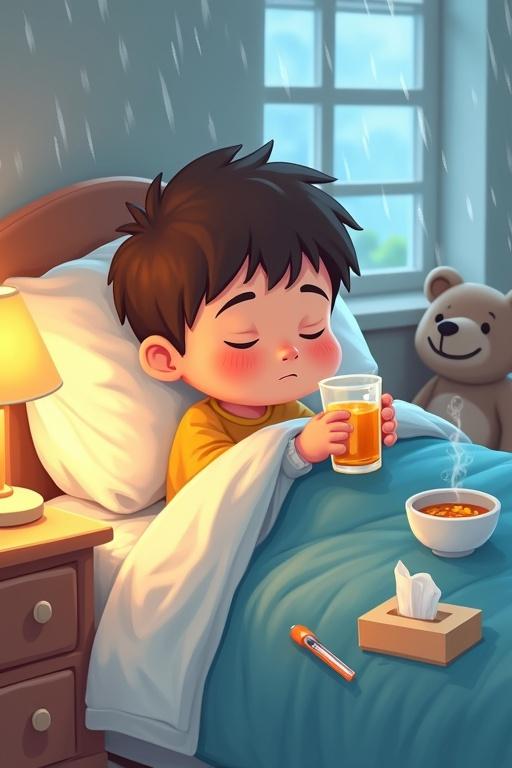 Heartwarming cartoon illustration of a sick little boy with flushed cheeks and sleepy eyes. Wrapped in a blanket while resting in bed. Holding a half-empty glass of orange juice. Content but tired smile. Thermometer on the nightstand. Teddy bear beside him. Steaming bowl of soup and box of tissues. Softly lit room with raindrops on the window. Gentle pastel colors for a cozy mood.