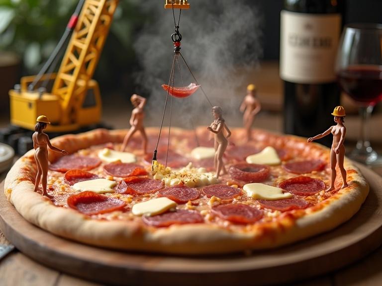 A colorful comedic scene depicts a massive pizza. Tiny bikini supermodels operate a miniature crane. They lift salami and spread cheese. Steam rises from the hot pizza. The setting includes a cozy wine background with a bottle and glass.