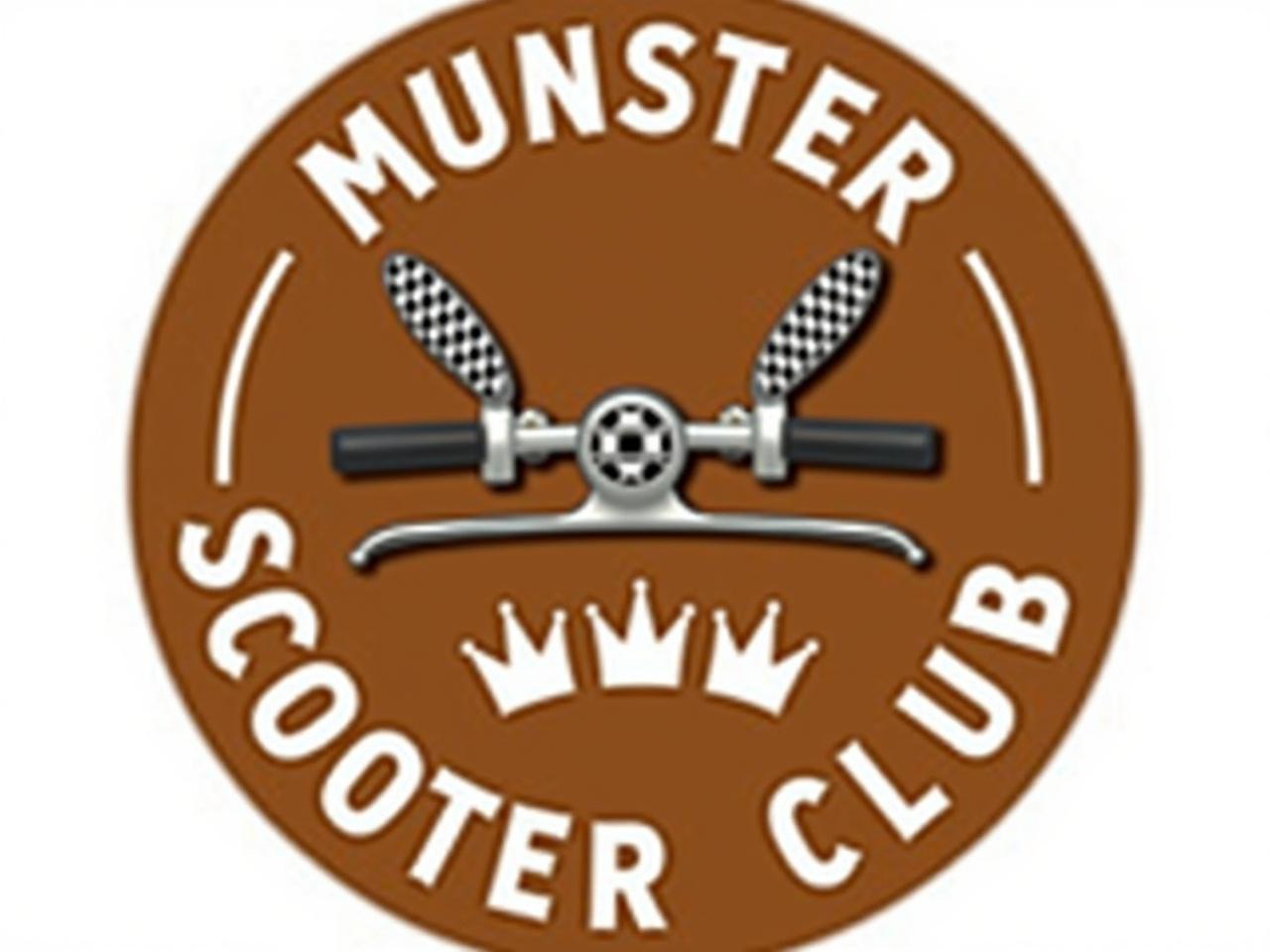 The image is a logo for the Munster Scooter Club. It features a circular design with a brown background. In the center, there is an illustration of scooter handlebars, which are stylized with checkerboard patterns above them. Below the handlebars, three crown-like shapes are depicted. The words "MUNSTER SCOOTER CLUB" are written along the top and bottom of the logo in a bold, white font. The overall aesthetic evokes a retro or vintage style related to scooter culture.