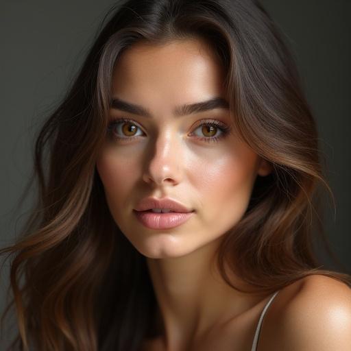 Portrait of a woman with radiant skin and symmetrical features. Natural beauty is highlighted with flowing hair. High-quality studio setting captures details.