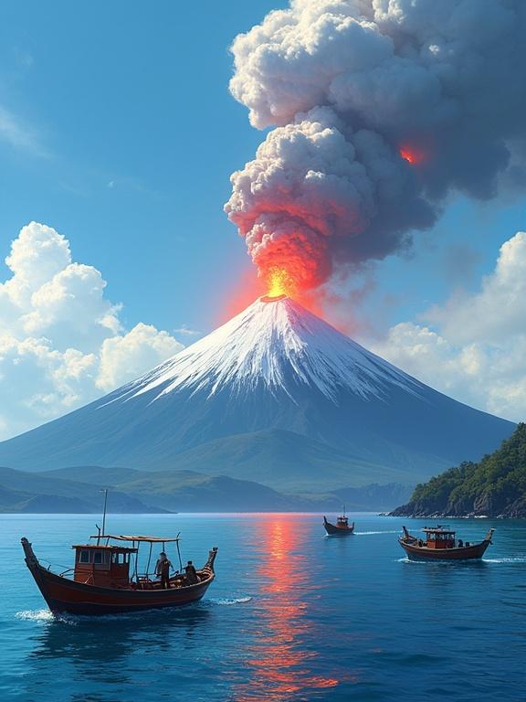 Dramatic anime style depiction of volcanic eruption from coastal view. Massive ash cloud from snow-capped volcano. Vibrant colors with oranges and reds. White mountainous background, dark volcanic peaks, azure sea. Traditional fishing boats in foreground. Detailed and realistic boats with figures. Strong contrast between fiery eruption and calm water. Effective light and shadow use for energy and serenity. Volcanic ash fills sky blocking blue. Impasto brushstrokes for texture.