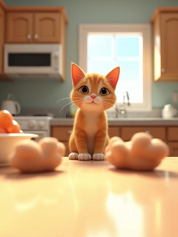 Perspective from a cat's eyes on a kitchen countertop. Cat's front paws visible. Realistic kitchen with appliances and dishes. Cat exploring and sniffing surroundings. Vibrant colors and soft lighting.
