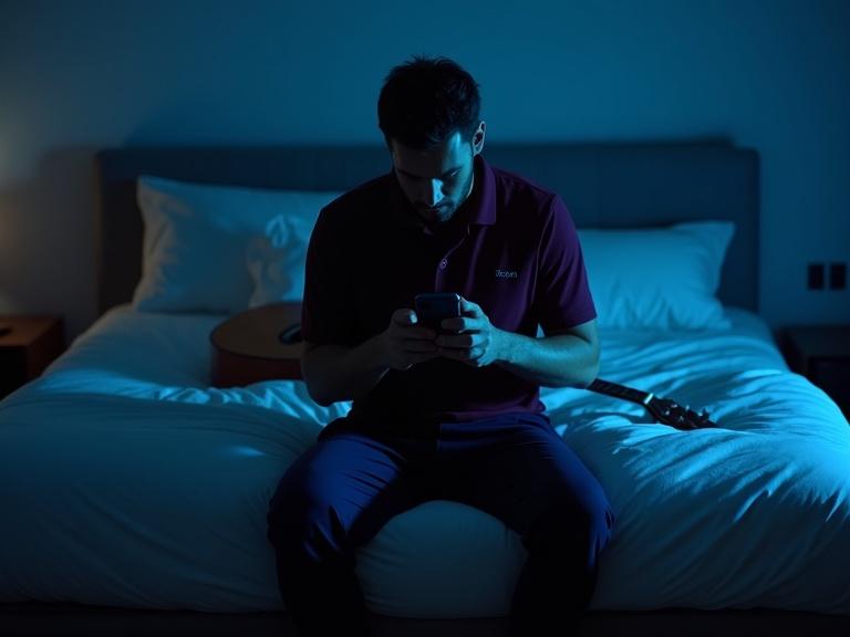 A handsome man alone on a bed in a dimly lit bedroom. Man wearing dark purple polo shirt and navy blue pajama pants. Posture is withdrawn, knees drawn up, arms wrapped around legs, holding smartphone. Soft blue light casts shadows across bed. Guitar is seen on bed. White bedding is neatly made with fluffy pillows. Room feels calm, heavy with emotion, suggesting solitude and deep thought. Overall lighting emphasizes contrast.