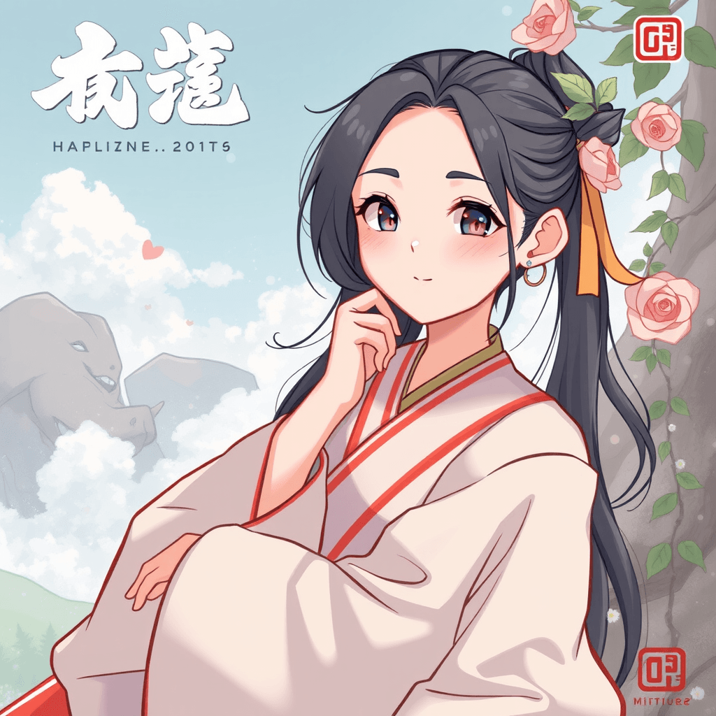 An anime-style character in traditional attire with a floral background and soft sky.