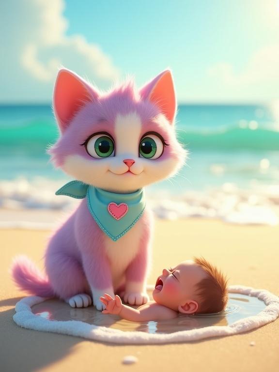 A fluffy anthropomorphic kitten with pastel pink and lavender fur stands on a beach. It has large expressive green eyes, an oversized head, soft rounded features, and a light blue bandana with a pink heart. Next to it is a baby lying in a puddle, crying. The ocean is in the background with gentle waves. The scene combines peacefulness with humor.
