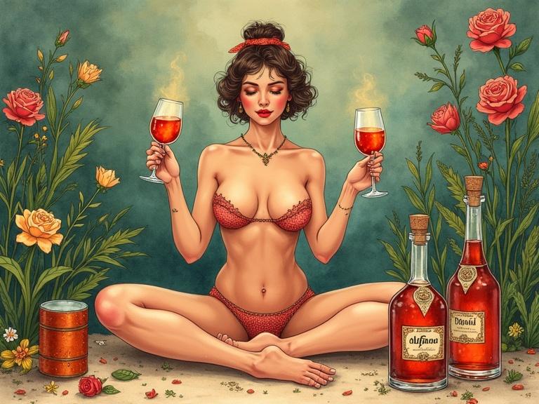 Stylized advertisement illustration of a 1920s speakeasy. A voluptuous goddess meditates while toasting with glasses of herbal liqueur. Surrounded by wildflowers and herbs, evoking relaxation. Foreground features decorative spirit bottles with elegant labels. Earthy tones with a whimsical style.