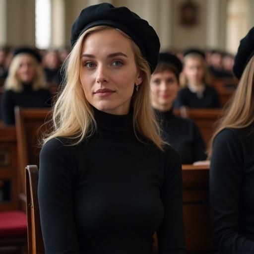 Group of beautiful serious women and their daughters in skin-tight black bodysuits with handbags and accessories sitting in a church