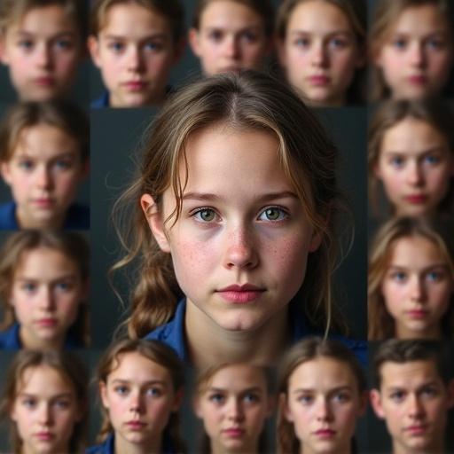 Create a humorous image with multiple faces. Center features a girl. Surrounding faces all share her likeness. Original girl's face remains unchanged. Ensure proportions and lighting match for realism.