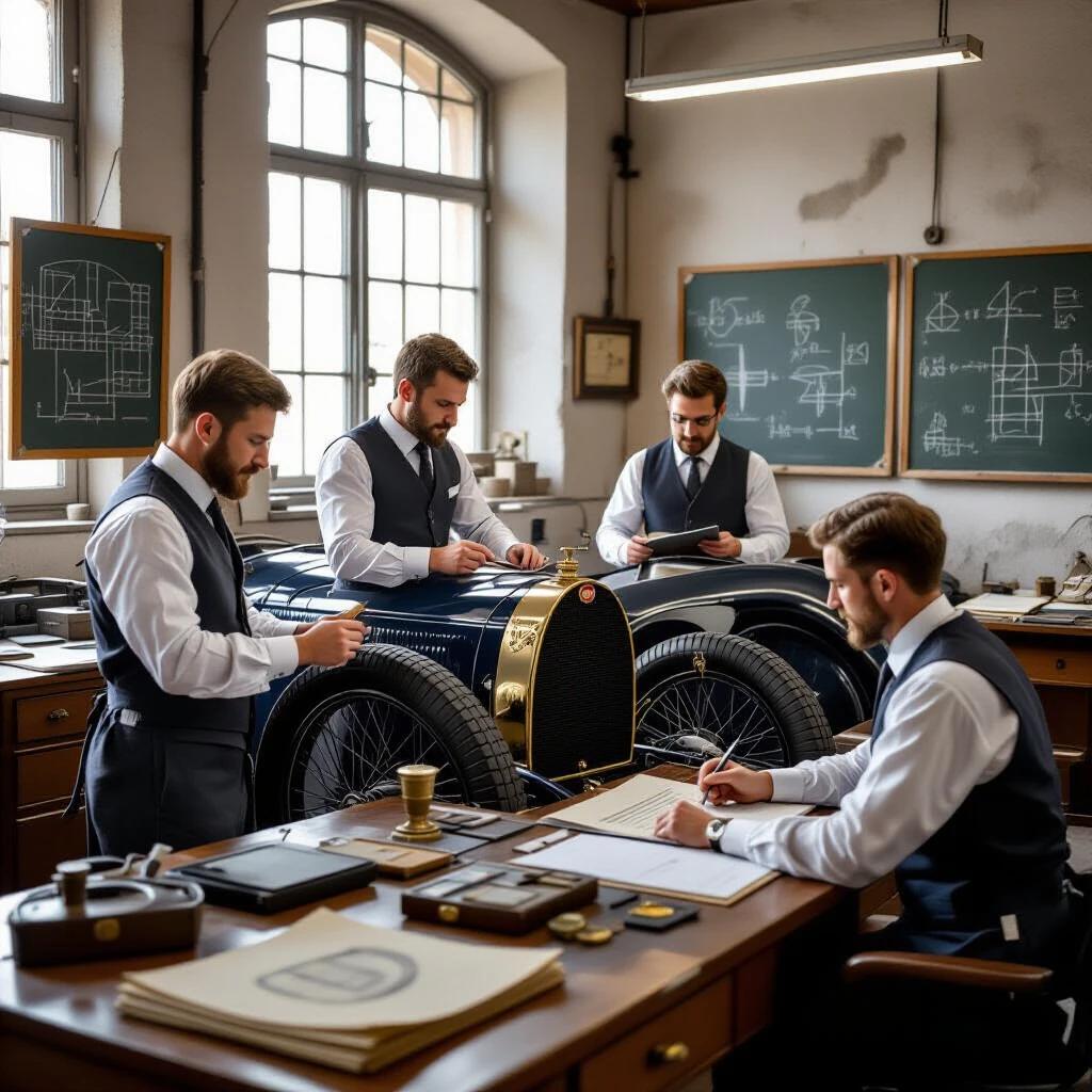 1925 Bugatti workshop features engineers in wool waistcoats measuring Bugatti Type 35 chassis with brass calipers One man calculates at oak drafting table another records data in leather ledger Desks cluttered with original blueprints and chalkboards covered in equations Sunlight illuminates dust motes in the air